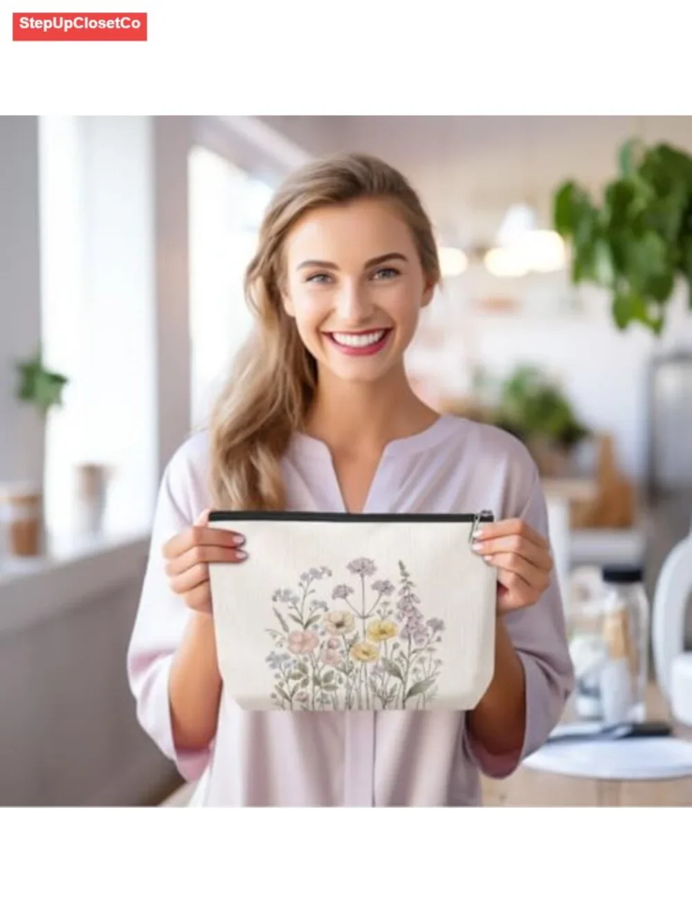 Cotton Linen Makeup Bag Floral Toiletry Travel Pouch with Zipper Storage
